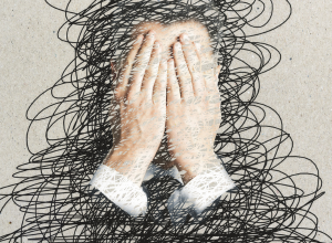 Man covering eyes with hands with chaotic lines around him, looks stressed