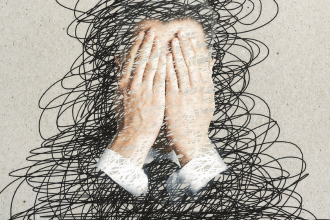 Man covering eyes with hands with chaotic lines around him, looks stressed