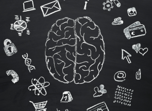 brain with online elements like email, mouse cursors and others surrounding it