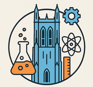 line drawing of beaker gear and ruler with duke chapel in background