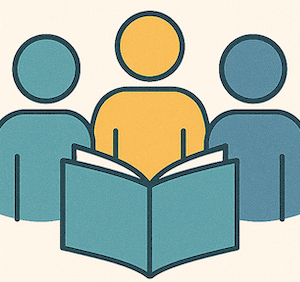 line drawing of three people looking at a book