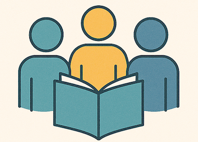 line drawing of three people looking at a book