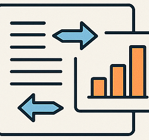 line drawing of text and graph chart with arrows pointing from one to another