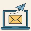 line drawing of envelop on a laptop with a paper airplane flying out of the top of the screen