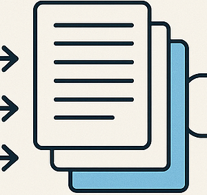 line drawing of multiple arrows into a stack of papers from the left and two arrows exiting to the right.