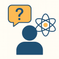line drawing of person icon with question mark talk bubble and atom icon