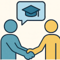 line drawing icon two people shaking hands with thought bubble of graduation cap