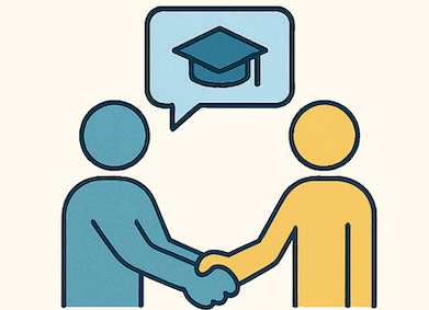 line drawing icon two people shaking hands with thought bubble of graduation cap