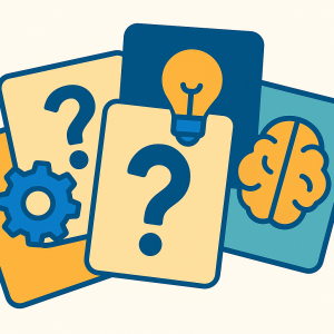 image of cards with brain, question marks lightbulbs. Multicolor icon line drawings