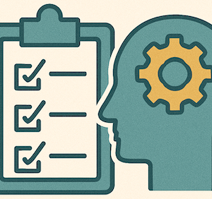 line drawing icon head with gear insdie in front of checklist