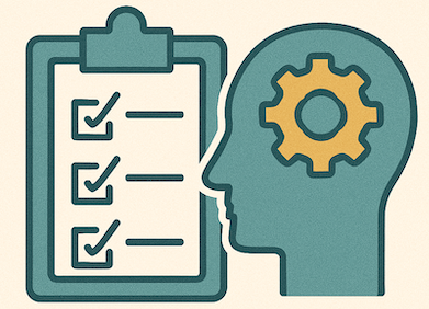 line drawing icon head with gear insdie in front of checklist
