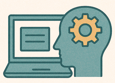 line drawing head with gear in front of computer