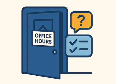 line drawing door with office hours sign, question mark and check list bubble
