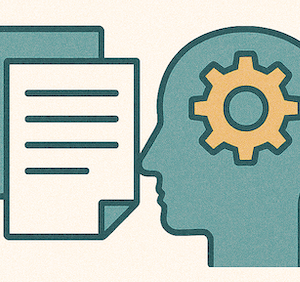 line drawing icon head with gear insdie in front of paper